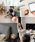 Collage of pink Portable Ceramic Space Heater 1000W 800W With Quick Heat In 2 Seconds in various home and office settings.