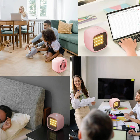 Collage of pink Portable Ceramic Space Heater 1000W 800W With Quick Heat In 2 Seconds in various home and office settings.