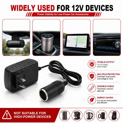 Rock Solid AC To DC 12 Volt Power Converter 24 Watt 2 Amp Adapter with cigarette lighter plug for car accessories.