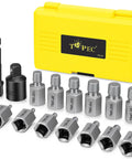 Top Tier 15 Piece Easy Out Screw Extractor Kit With Bolt Remover Drivers And Storage Case For Stripped Damaged Fasteners In Home Garage Or Professional Auto Work, yellow case and 13 CR MO steel extractor bits