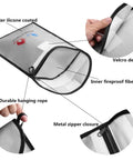 Diagram showing features of Heavy Duty Fireproof Document Bag For Cash And Files, Waterproof 15x11 Safe Storage Pouch with zipper and silicone coating.