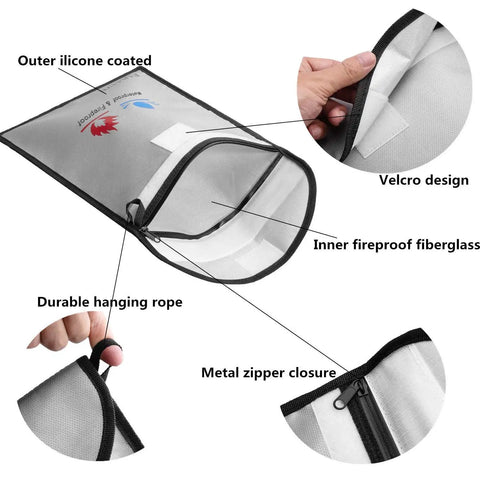 Diagram showing features of Heavy Duty Fireproof Document Bag For Cash And Files, Waterproof 15x11 Safe Storage Pouch with zipper and silicone coating.