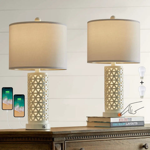3-Way Dimmable Touch Control Dope Rustic Table Lamp Set Of 2 Vintage Farmhouse 21.25 Inch Tall Bedside Lamps With White Shade And USB Charging 2 Bulbs Included Perfect For Living Room Bedroom Nightstand Home Office