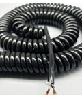 Close-up of Rock Solid Retractable Coiled Power Cord with Copper Core, showcasing coiled design and exposed wires.