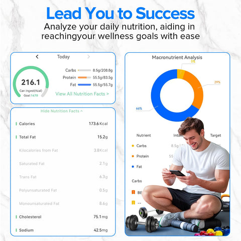 Man using Your Kitchen Sidekick Smart Scale With Nutritional Calculator And Free App, digital tracking of calories and macros