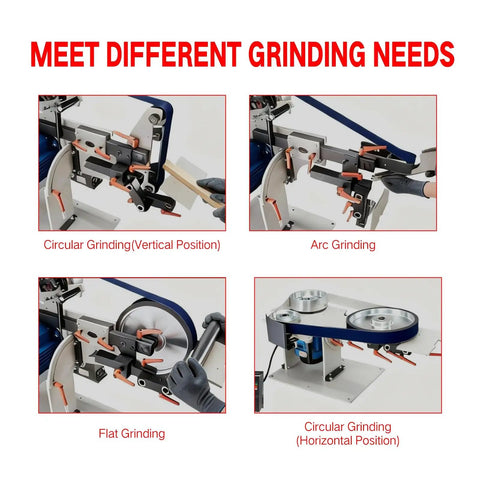 Kickass 1500 Watt Belt Sander With High Output Vfd Controller 72 By 2 Inch Wide Belt Grinder showcasing various grinding positions.
