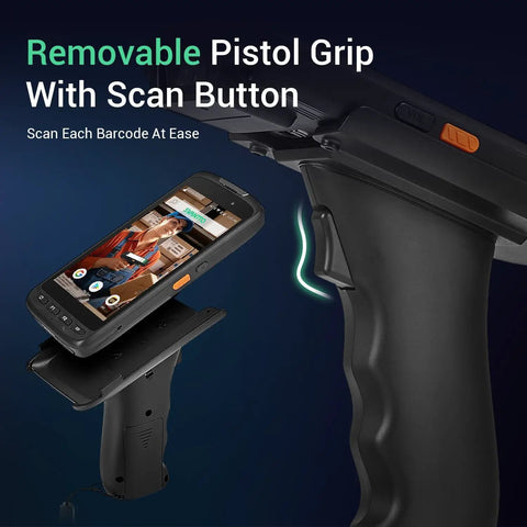 Rugged Android 11 Handheld Barcode Scanner With Pistol Grip, 8 Core CPU shown with removable grip detail