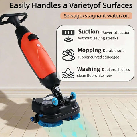 Cordless 18 Inch Walk Behind Floor Scrubber With Dual Brushes, 120 Minute Battery Power, 360 Degree Rotating Head