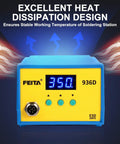 Digital Soldering Station Pro Grade With PID Temperature Control, ESD Safe For Electronics, front view, blue-yellow design