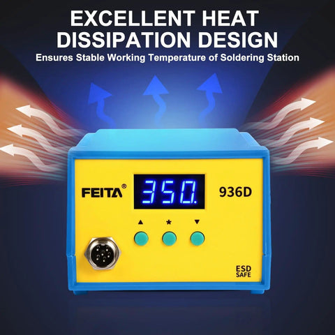 Digital Soldering Station Pro Grade With PID Temperature Control, ESD Safe For Electronics, front view, blue-yellow design