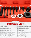 12 Piece Pulley Puller And Installer Kit For Power Steering Pulleys Alternators AC Pulleys Water Pumps And Vacuum Pumps With Pro Grade Carbon Steel Construction And Handy Storage Case For Your Auto Shop displayed in open red case