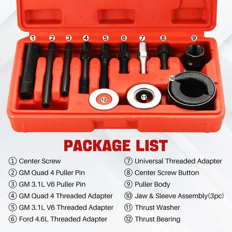 12 Piece Pulley Puller And Installer Kit For Power Steering Pulleys Alternators AC Pulleys Water Pumps And Vacuum Pumps With Pro Grade Carbon Steel Construction And Handy Storage Case For Your Auto Shop displayed in open red case