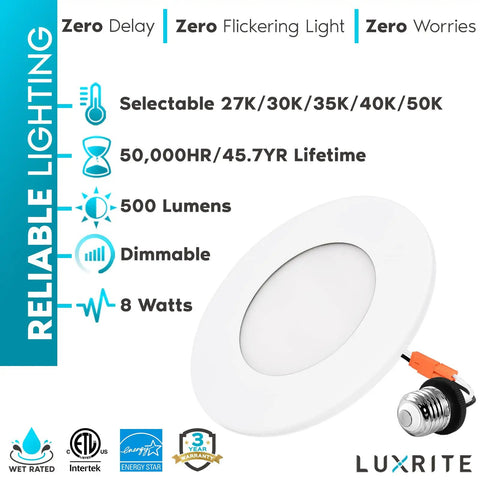 Six Pack 4 Inch LED Recessed Ceiling Lights With Five Color Temperature Options 2700K To 5000K, Magnetic Trim Downlight, Dimmable, Wet Rated