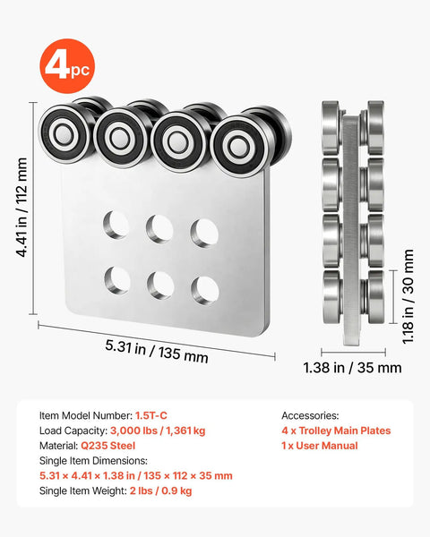 8 Wheel Trolley Rollers Assembly Bundle, 4 Pack, 3000 Lb Capacity, Dual Bearing Design visible in metal construction