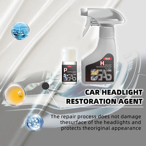 DIY All Vehicle Headlight Restoration Kit With Refurbishing Agent And Cleaning Towel For Cloudy Yellowed Oxidized Headlamps Pro Grade Car Light Makeover That Lasts, featuring restoration polish bottles on wavy background