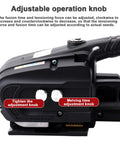 Game Changer Handheld Electric Strapping Machine With A Quick Charge 4000mAh Battery Auto Hot Melter for PP PET showing adjustable knobs.