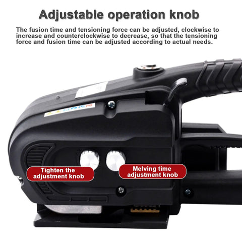 Game Changer Handheld Electric Strapping Machine With A Quick Charge 4000mAh Battery Auto Hot Melter for PP PET showing adjustable knobs.