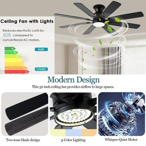 52 Inch Flush Mount Ceiling Fan With Light Easy Remote Or App Control Eight Blades Noiseless DC Motor Low Profile Indoor Outdoor Black Finish For Bedroom Living Room, featuring modern design and energy-efficient technology.