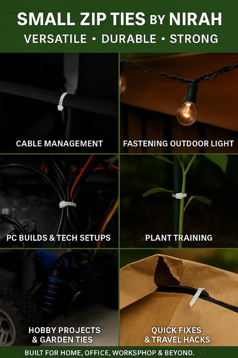 Collage showing 4 Inch Clear Zip Ties 18 Lb Tensile Strength UV Resistant Self Locking Nylon Cable Ties 100 Pack uses