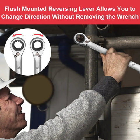 Person using 12 Piece Metric Ratchet Wrench Set with Two-Way Reversible 72-Tooth Heads, Cr-V Steel, 8mm to 19mm on plumbing.