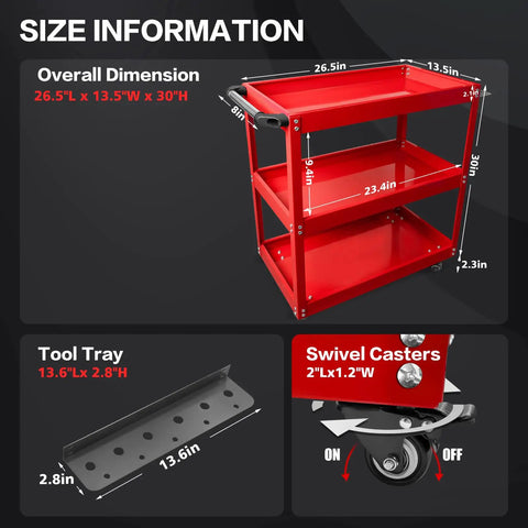 Updated 3 Tier Rolling Tool Cart With Wheels, Heavy Duty Steel Utility Cart shown with dimensions and swivel casters