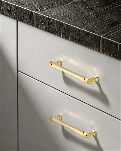 10 Pack Brushed Gold Cabinet Pulls, 7.5 Inch Center To Center Zinc Alloy Handles installed on white kitchen drawers