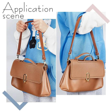 Person holding handbag with 2 Pack 22 Inch Brown Leather Replacement Straps for Purses and Handbags With Antique Bronze Swivel Lobster Buckles.