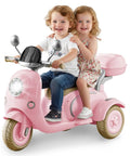 Two kids riding a pink 12V Two-Seater Ride On Motorcycle for Kids - 3-Wheel Electric Motorbike with Dual 25W Motors, Bluetooth Music.