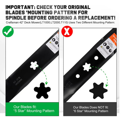 Comparison of 5-star and 6-star mounting patterns for mulching blades, suitable for Mulching Blades For Craftsman 42 Inch Riding Lawn Mower LT1000 LT2000 5 Point Star Mounting Pattern Replacement 422719 134149 Fits 42 Deck Tractor For Easy Install And Long Lasting Sharp Performance.