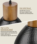 Close-up of Industrial Hammered Metal Pendant Light Fixture showing oak wood and hammered metal texture, 10 inch black shade.