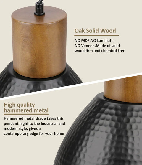 Close-up of Industrial Hammered Metal Pendant Light Fixture showing oak wood and hammered metal texture, 10 inch black shade.