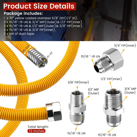 Diagram of 72 Inch Flexible Stainless Steel Gas Line Kit For Dryer Stove And Range, detailing components and fittings.
