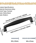 10 Pack 3 3/4 Inch 96mm Matte Black Cabinet Pulls with dimensions and screws, sleek modern design