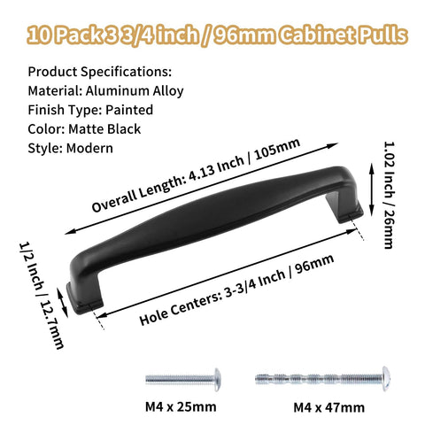 10 Pack 3 3/4 Inch 96mm Matte Black Cabinet Pulls with dimensions and screws, sleek modern design