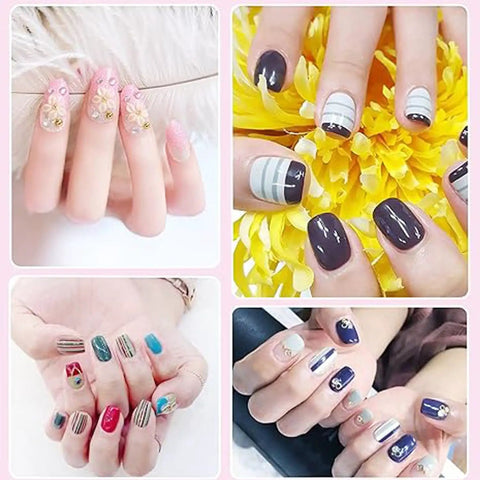 Collage of nail art designs created using 22 Piece Nail Art Tools Set With Gold Edge Resin Palette And 2 Way Acrylic Silicone Engraving Pen