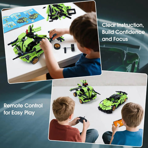 Children assembling and controlling 2 In 1 Remote Control Race Car And Robot Building Kit With 429 Pieces, App Control And RC Fun, STEM Toy.