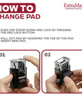 Durable Heavy Duty Self Inking Date Stamp Featuring Quick Flip Calendar Bands For Office Papers Library Books And Legal Forms Black Rubber Stamping Tool No Sweat Setup, step-by-step pad change instructions.
