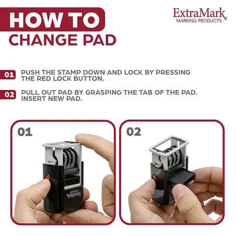 Durable Heavy Duty Self Inking Date Stamp Featuring Quick Flip Calendar Bands For Office Papers Library Books And Legal Forms Black Rubber Stamping Tool No Sweat Setup, step-by-step pad change instructions.