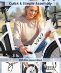 20 Inch Fat Tire Electric Tricycle For Adults With Folding 3 Wheels, 750W Peak Motor, 15.5 MPH, 95 Percent Pre Assembled, Easy Setup With Bracket, Durable Battery, Smooth Ride, All Terrain E Trike For Fun And Commute, woman assembling frame