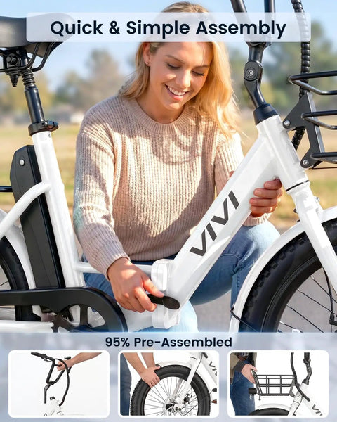 20 Inch Fat Tire Electric Tricycle For Adults With Folding 3 Wheels, 750W Peak Motor, 15.5 MPH, 95 Percent Pre Assembled, Easy Setup With Bracket, Durable Battery, Smooth Ride, All Terrain E Trike For Fun And Commute, woman assembling frame