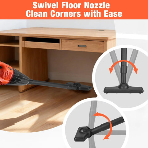 Grab And Go Cordless Handheld Vacuum With 20V Rechargeable Battery And Wet Dry Suction showing swivel floor nozzle for cleaning corners.