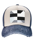 Unisex Adjustable Cotton Baseball Cap With Classic Black And White Piano Grid Pattern Breathable Comfort Fit Sun Hat perspective view.