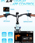 Beefy 1200W Peak Electric Bike for Adults handlebar with 2.4" display, app controls, horn, and lighting, highlighting tech features.
