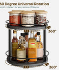 No Fuss Dual Tier Lazy Susan Turntable Gliding On Slick Ball Bearings, Compact Black Spice Rack Organizer For Kitchen Counters And Cabinets, 360 Degree Spinner Tray with jars and bottles.