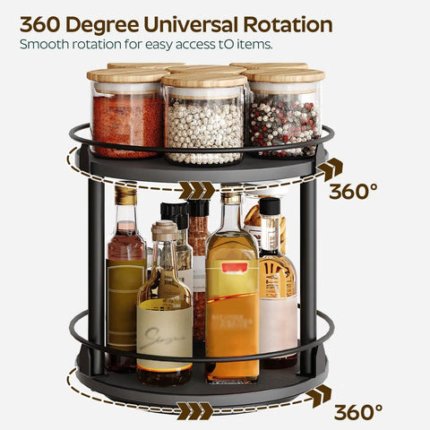 No Fuss Dual Tier Lazy Susan Turntable Gliding On Slick Ball Bearings, Compact Black Spice Rack Organizer For Kitchen Counters And Cabinets, 360 Degree Spinner Tray with jars and bottles.