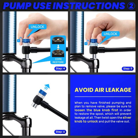 Steps to unlock and remove valve of Beefed Up High Pressure Shock Pump With Gauge For Mountain Bikes Up To 400 PSI Fits Schrader Valve.