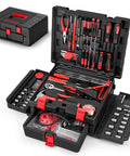 132 Piece Car Tool Kit With Drawer Portable Auto Repair Set open to show tools for RV, truck, motorcycle, bike maintenance
