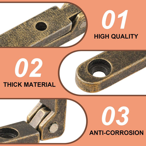Close-up of bronze Six Pack 90 Degree Wooden Box Hinges with 24 screws, highlighting high quality, thick material, anti-corrosion features.