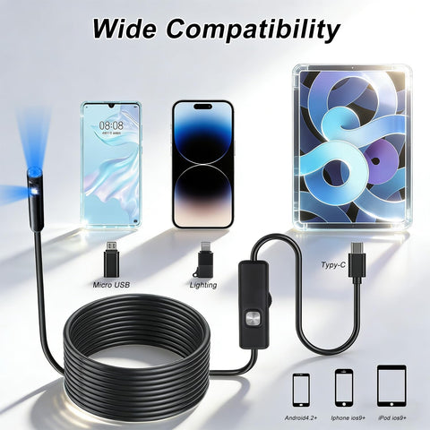 Pro-Grade Dual-Lens Endoscope With Light, 16.4ft Borescope Kit With 8 Adjustable LEDs compatible with iOS and Android devices.