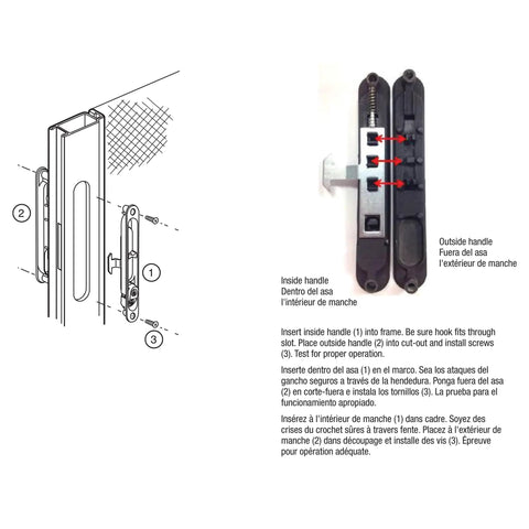 Diecast Black Flush Sliding Screen Door Latch For Mortise Mounted Doors, Nonhanded Replacement Handle installation diagram